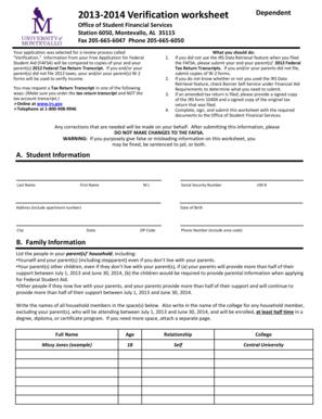 2013-2014 Verification Worksheet Dependent