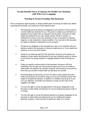 Nevada Durable Power of Attorney for Health Care Decisions