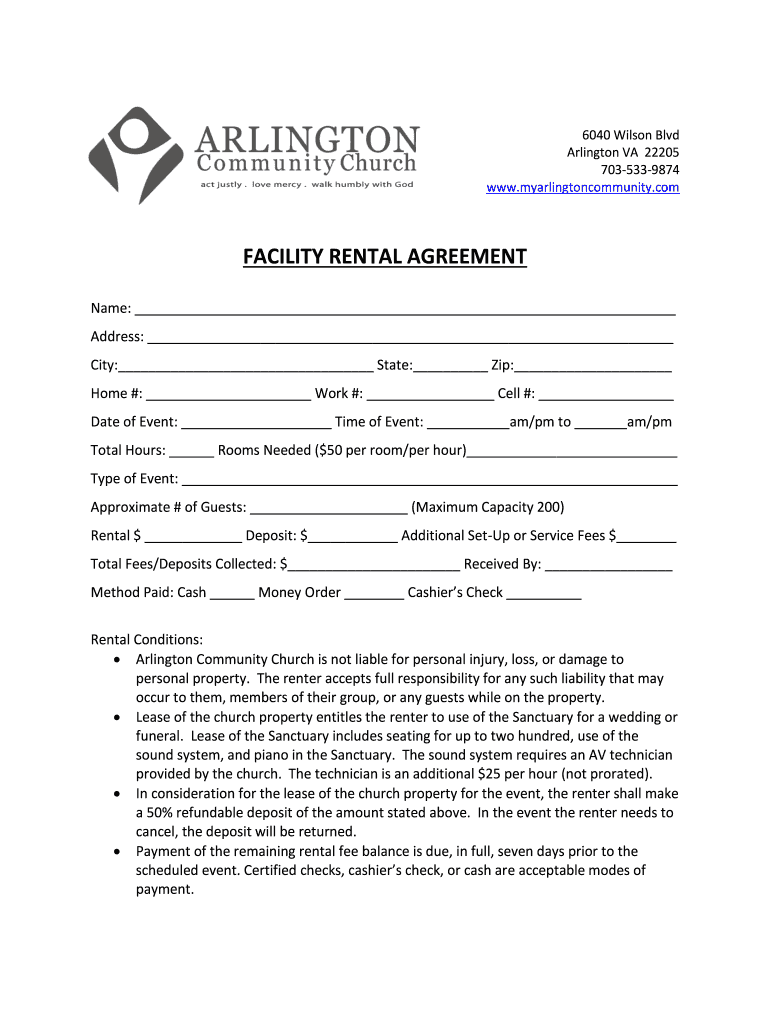 Church Rental Agreement Forms - Fill Online, Printable, Fillable Within free facility rental agreement template