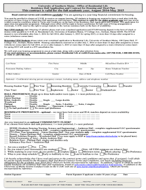 University of Southern Maine Residence Hall Application and Contract