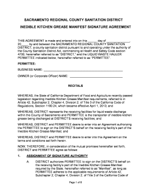 California Inedible Kitchen Grease Manifest Agreement