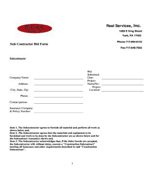 Subcontractor Bid Form