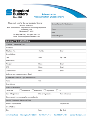 Subcontractor Prequalification Questionnaire