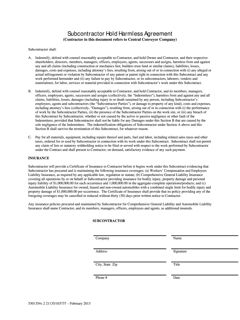 Texas Subcontractor Hold Harmless 23-23 - Fill and Sign With simple hold harmless agreement template