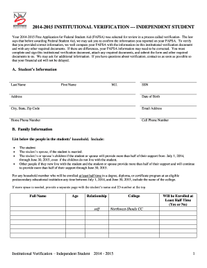 2014-2015 Institutional Verification - Independent Student