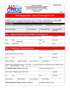 RAD Registration / Claim of Exemption Form