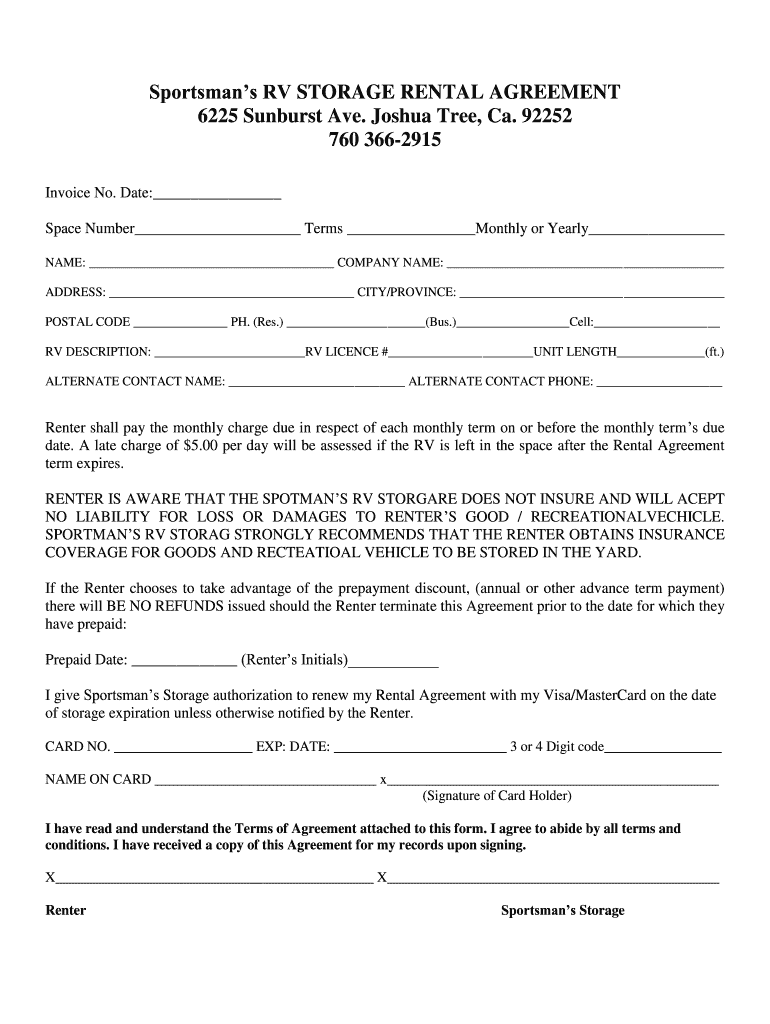 Sportsman's Club RV Storage Rental Agreement Fill and Sign Printable