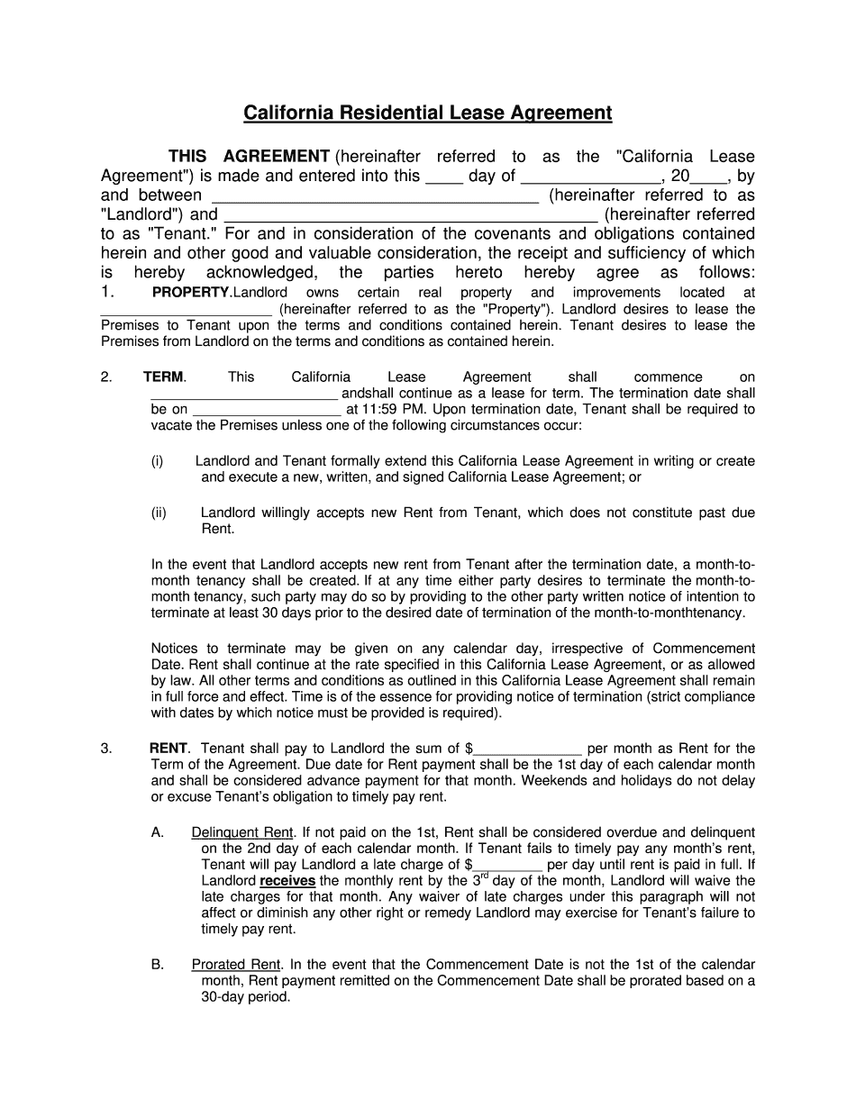 california residential lease agreement printable blank pdf online