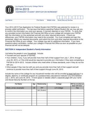 2014-2015 Independent Student Verification Worksheet