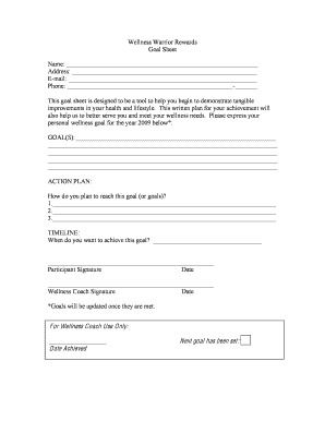 Wellness Warrior Rewards Goal Sheet