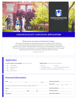 Westminster College Undergraduate Admission Application