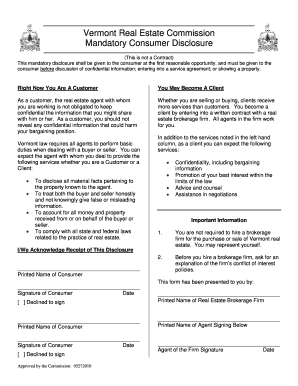 Vermont Real Estate Commission Mandatory Consumer Disclosure