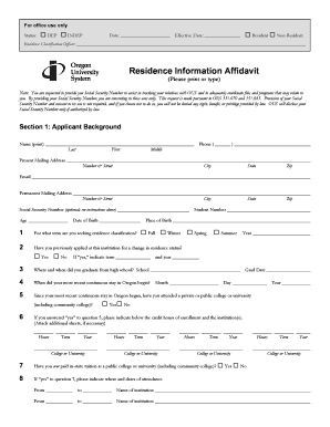 Oregon University Residence Information Affidavit