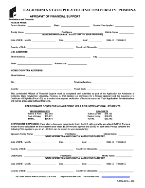 California State Polytechnic University Pomona Affidavit of Financial Support