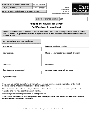 UK Self Employed Income Sheet for Housing and Council Tax Benefit