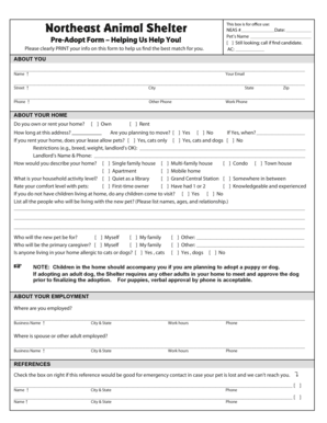 Northeast Animal Shelter Pre-Adopt Form