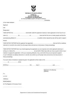 South Africa Notice of Motion Form 2(a)