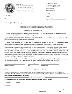 Florida Traffic Violation Motion to Set for Hearing and Vacate D6