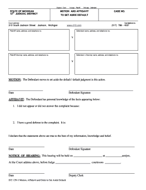 Michigan Motion and Affidavit to Set Aside Default