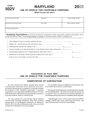 Maryland Form 502V Charitable Vehicle Expense