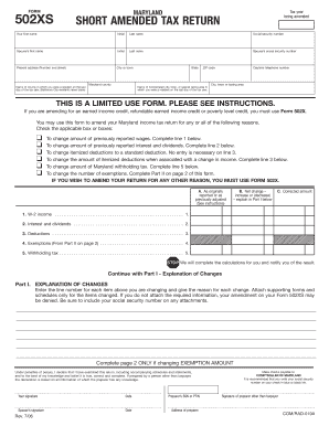 Maryland Form 502XS Short Amended Tax Return