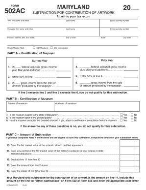 Maryland Form 502AC Artwork Contribution Subtraction