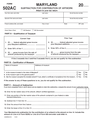 Maryland Form 502AC Subtraction for Contribution of Artwork