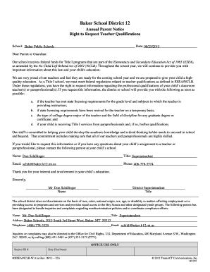 Annual Parent Notice for Teacher Qualifications