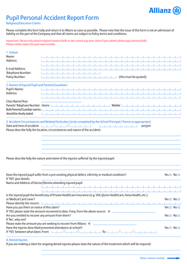 Pupil Personal Accident Report Form