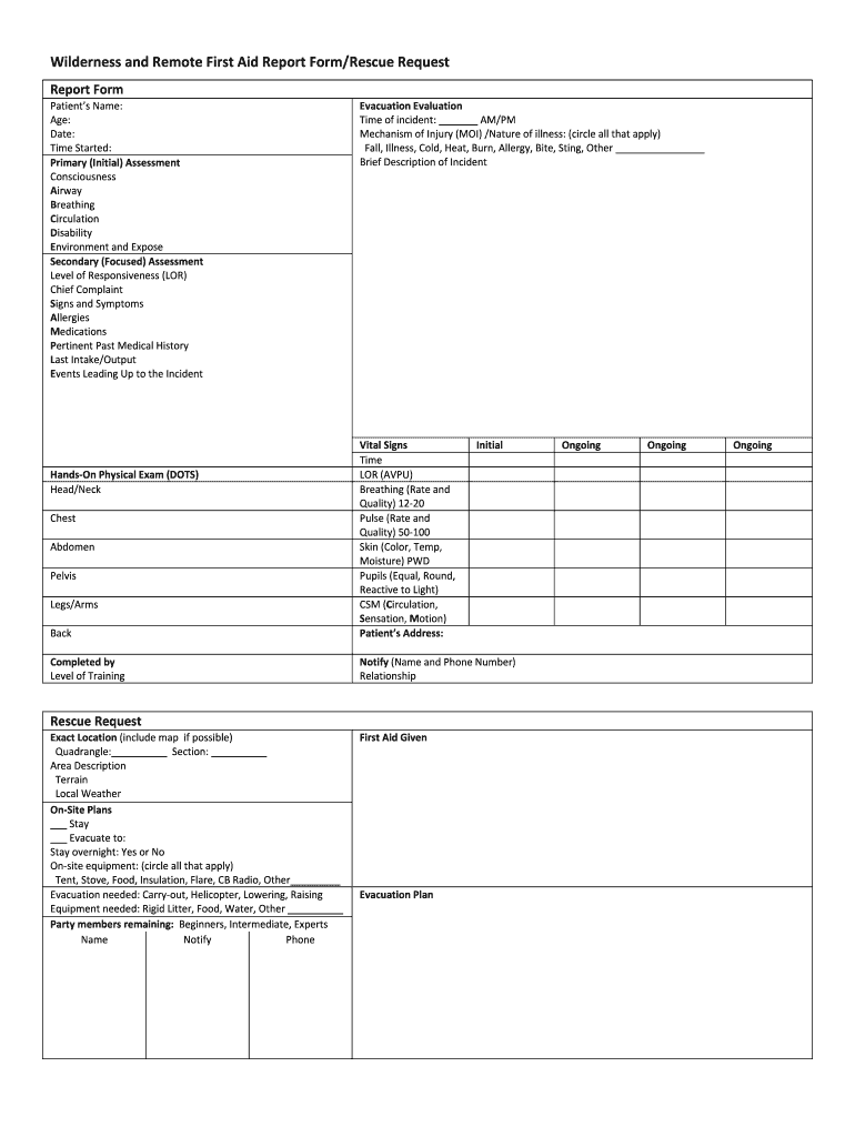 Wilderness and Remote First Aid Report Form/Rescue Request - Fill Pertaining To First Aid Incident Report Form Template
