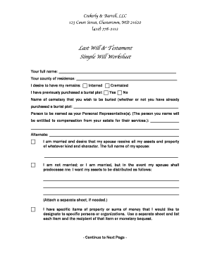 Last Will & Testament Simple Will Worksheet