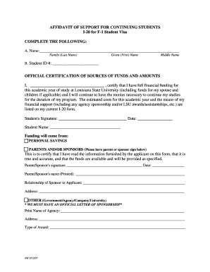 Affidavit of Support for Continuing Students