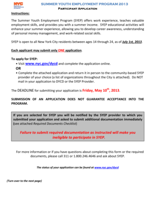 Summer Youth Employment Program 2013 Application