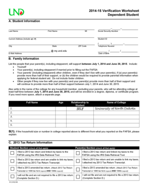 2014-15 Verification Worksheet Dependent Student