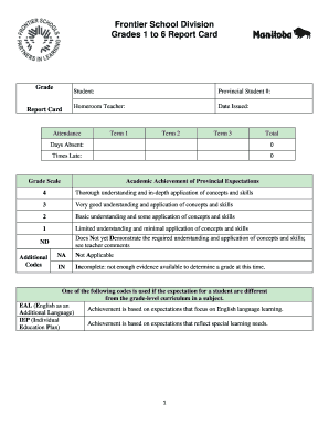 Frontier School Division Grades 1 to 6 Report Card Grade Student: Report Card Provincial Student #: Homeroom Teacher: Date Issued: Attendance Term 1 Term 2 Term 3 Total Days Absent: 0 Times Late: 0 Grade Scale Academic Achievement of