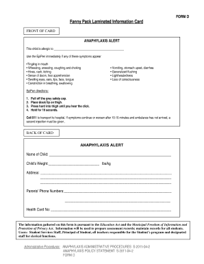 Anaphylaxis Alert Card