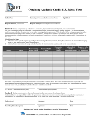US School Academic Credit Form