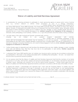 Texas A&M AgriLife Waiver of Liability and Hold Harmless Agreement