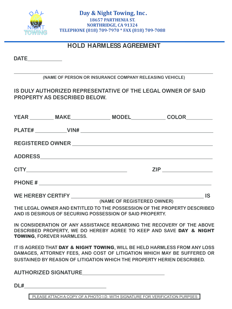 Vehicle Hold Harmless Agreement Template Fill Online Printable 