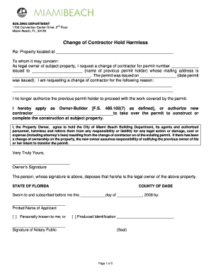 Change of Contractor Hold Harmless