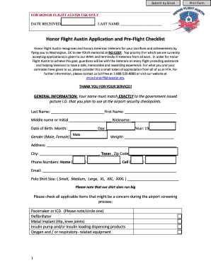Honor Flight Austin Application and Pre-Flight Checklist
