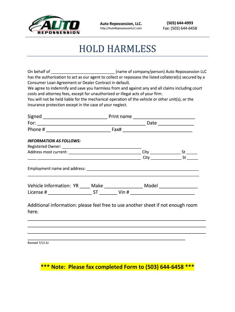 Repossession Hold Harmless Agreement Pdf - Fill Online, Printable With Regard To simple hold harmless agreement template