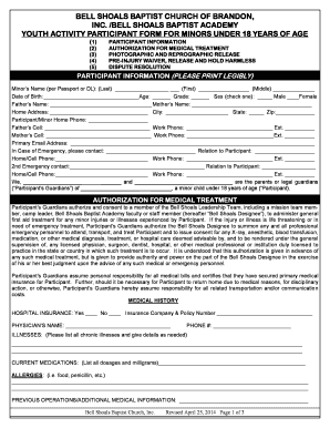 Youth Activity Participant Form for Minors