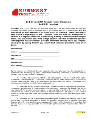 Self-Directed IRA Account Holder Disclosure and Hold Harmless