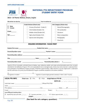 WSPTA Reflections Program Student Entry Form
