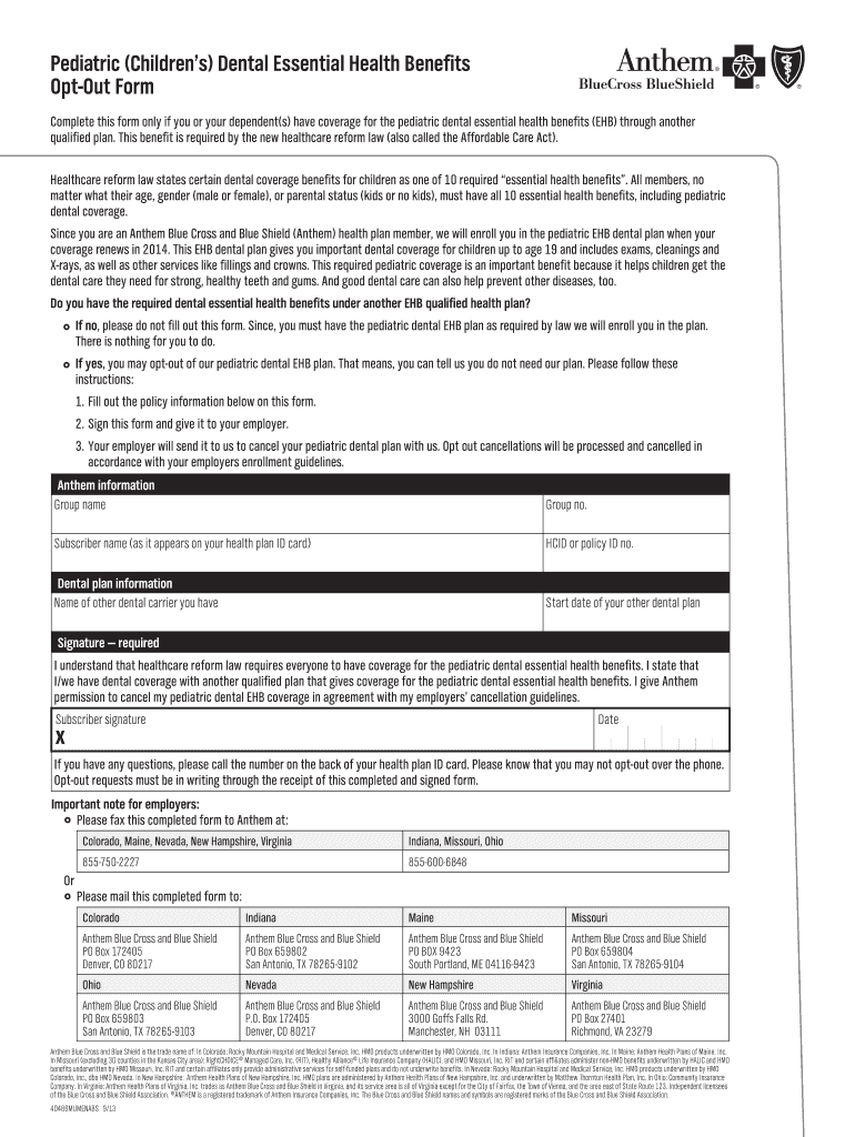 Fillable Online Pediatric Childrens Dental Essential Health Benefits
