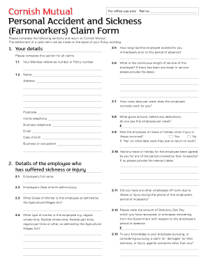 Personal Accident and Sickness Claim Form for Farmworkers