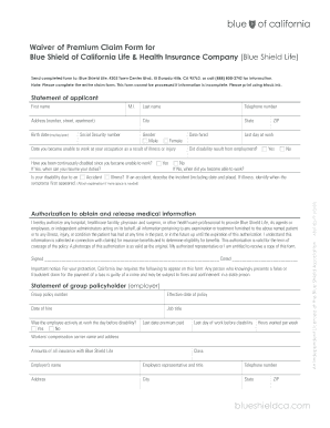 Waiver of Premium Claim Form for Blue Shield of California