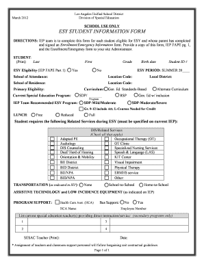 ESY Student Information Form - LAUSD Division of Special Education