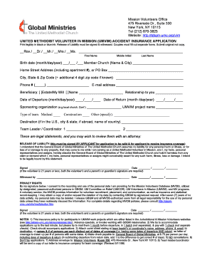 United Methodist Volunteer in Mission Accident Insurance Application